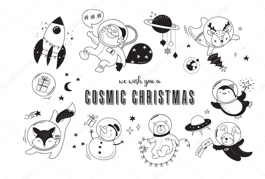 Merry Christmas - Cosmic Xmas, space winter illustrations, Santa, Penguin, Deer, Fox and space ship 