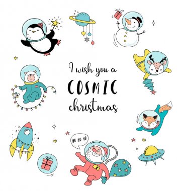 Merry Christmas - kozmik Xmas, alan kış illüstrasyonlar, Santa, Penguen, geyik, tilki ve uzay gemisi 