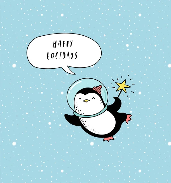 Merry Christmas - kozmik Xmas, alan kış illüstrasyonlar, Santa, Penguen, geyik, tilki ve uzay gemisi 