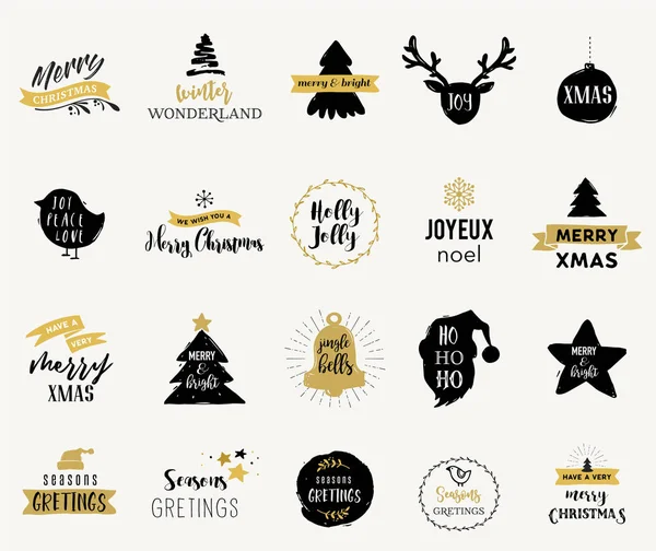 Feliz Natal mão desenhada cartões, ilustrações e ícones, coleção de design de letras — Vetor de Stock