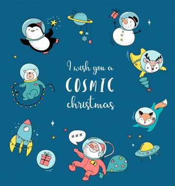 Merry Christmas - kozmik Xmas, alan kış illüstrasyonlar, Santa, Penguen, geyik, tilki ve uzay gemisi 