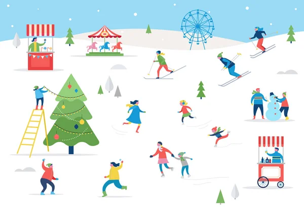 Escena deportiva de invierno, evento callejero de Navidad, festival y feria, con gente, las familias se burlan — Archivo Imágenes Vectoriales