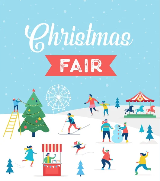 Winter sport scene, Christmas street event, festival and fair, with people, families make fun