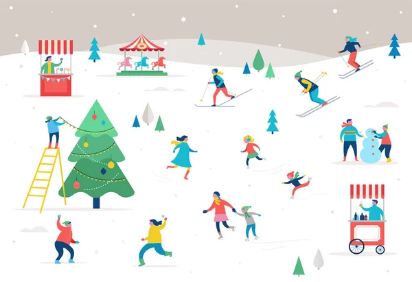 Escena deportiva de invierno, evento callejero de Navidad, festival y feria, con gente, las familias se burlan — Archivo Imágenes Vectoriales