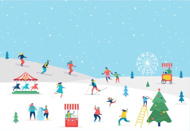 Kış spor sahne, sokak olay, festival ve adil, aileler, insanlarla dalga Noel