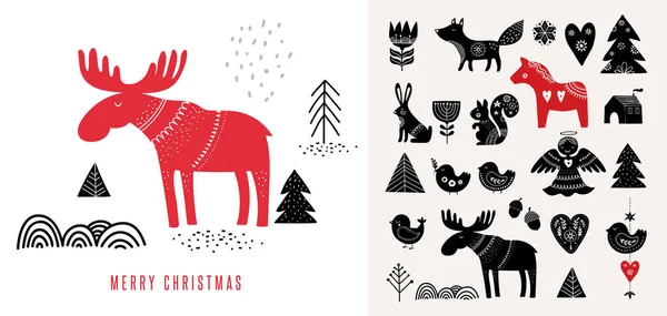 Kerst illustraties, hand getekende elementen in Scandinavische stijl — Stockvector