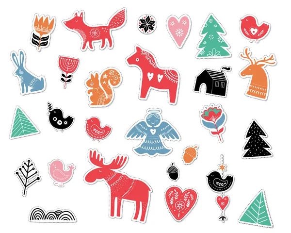 Handgezeichnete Weihnachtsaufkleber in skandinavischen, nordischen Illustrationen — Stockvektor