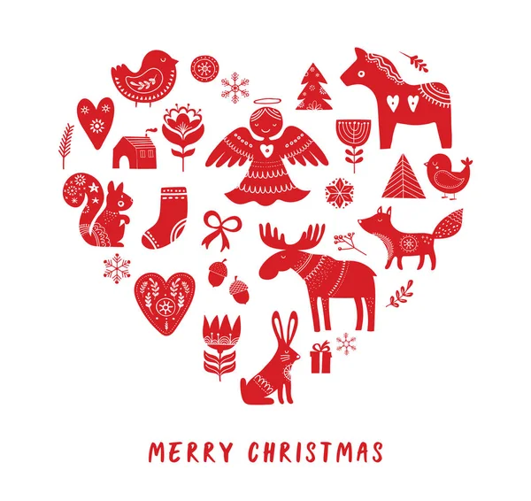 Merry Christmas background with hand drawn Scandinavian, Nordic style illustrations — Stock Vector