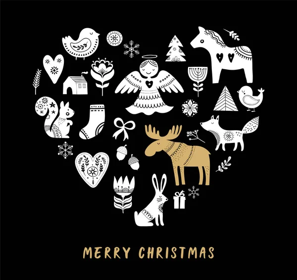 Joyeux fond de Noël avec des illustrations scandinaves dessinées à la main, de style nordique — Image vectorielle