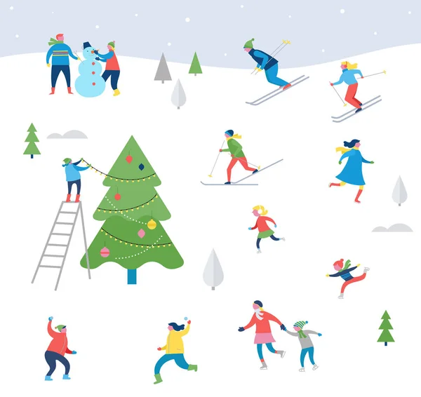 Зимняя спортивная сцена, Рождественское уличное мероприятие, фестиваль и ярмарка, с людьми, семьями веселятся — стоковый вектор