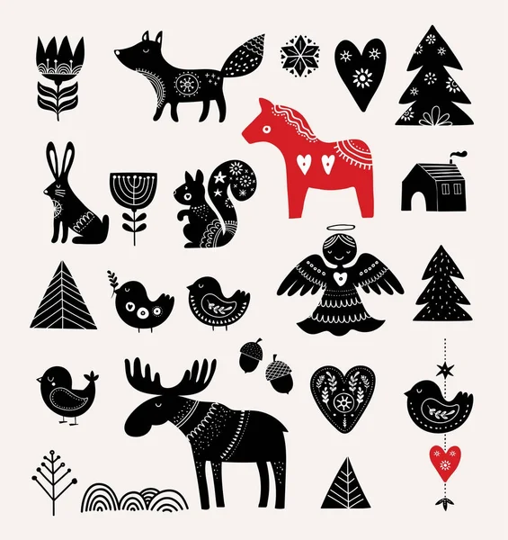 Kerst illustraties, hand getekende elementen in Scandinavische stijl — Stockvector