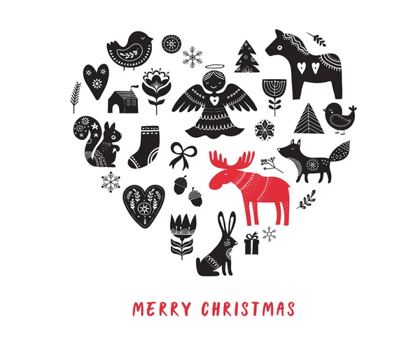 Merry Christmas background with hand drawn Scandinavian, Nordic style illustrations — Stock Vector