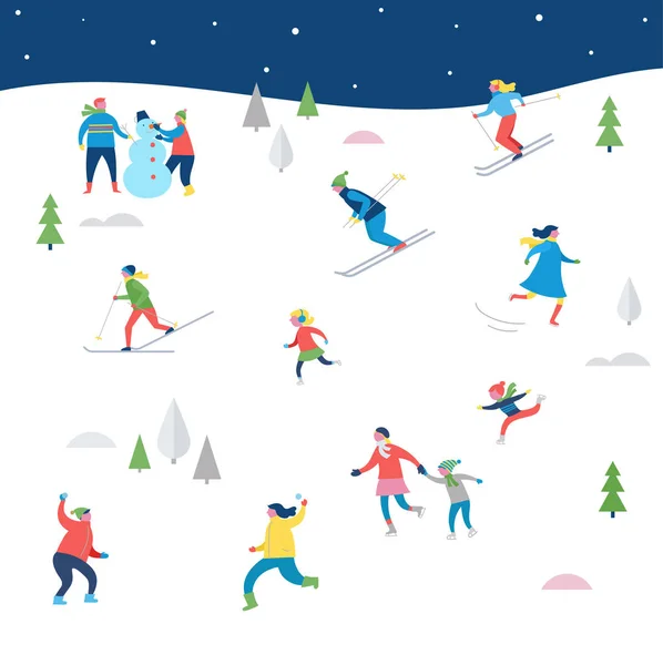 Scène de sport d'hiver, événement de rue de Noël, festival et foire, avec les gens, les familles se moquent — Image vectorielle
