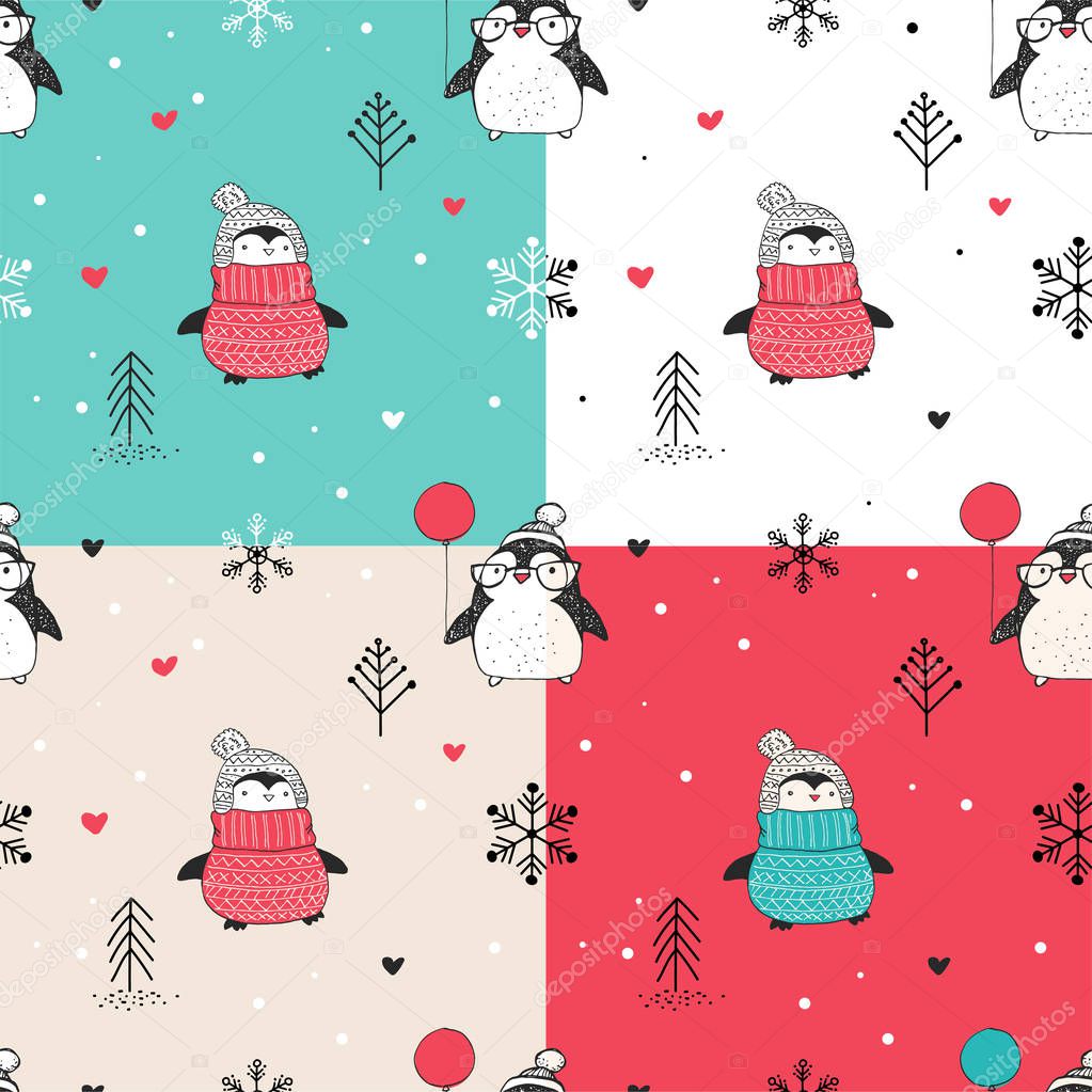 Seamless patterns set with cute hand drawn penguins 