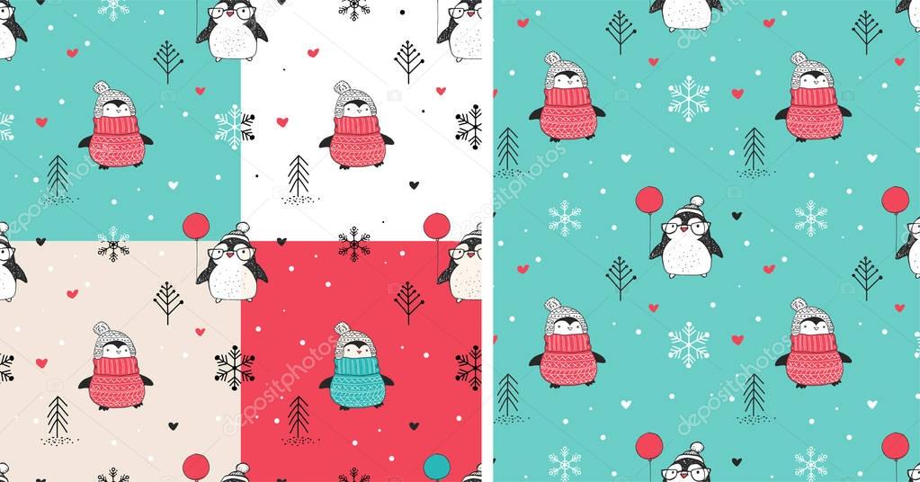 Seamless patterns set with cute hand drawn penguins 