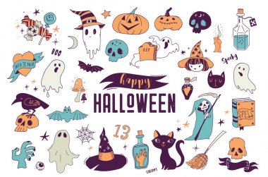 Cadılar Bayramı partisi, elle çizilmiş modern kümesi kartları.