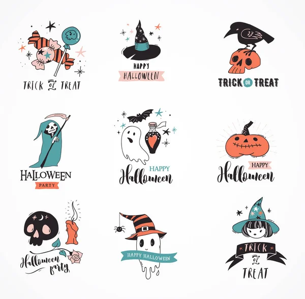 Halloween-Party, handgezeichnetes modernes Kartenset — Stockvektor