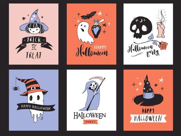 Halloween party, hand drawn modern cards set — Stock Vector