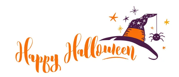 Feliz Halloween, dibujado a mano, pancarta con tipografía, letras — Vector de stock