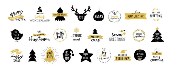 Feliz Natal mão desenhada cartões, ilustrações e ícones, coleção de design de letras — Vetor de Stock