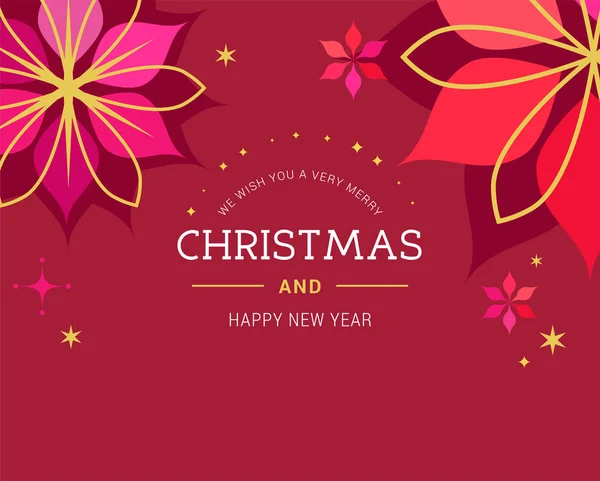 Fondo clásico rojo navideño, tarjeta de felicitación, pancarta con flores de Navidad, adornos y letras — Vector de stock