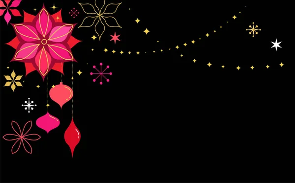Kerstmis rood klassieke achtergrond, wenskaart, banner met kerst versieringen, bloemen en belettering — Stockvector