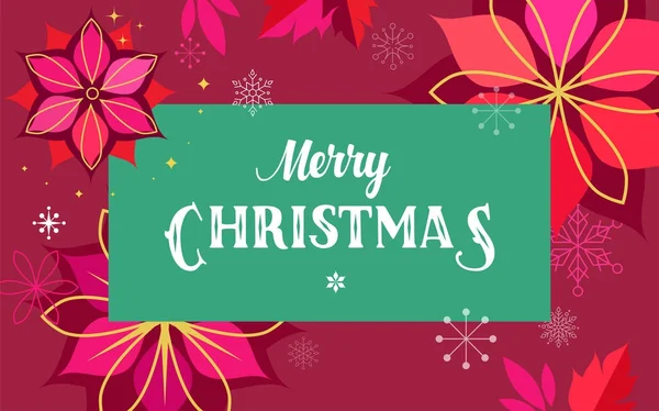Weihnachtsroter klassischer Hintergrund, Grußkarte, Banner mit Weihnachtsblumen, Ornamenten und Schriftzug — Stockvektor