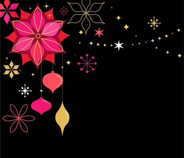 Kerstmis rood klassieke achtergrond, wenskaart, banner met kerst versieringen, bloemen en belettering — Stockvector