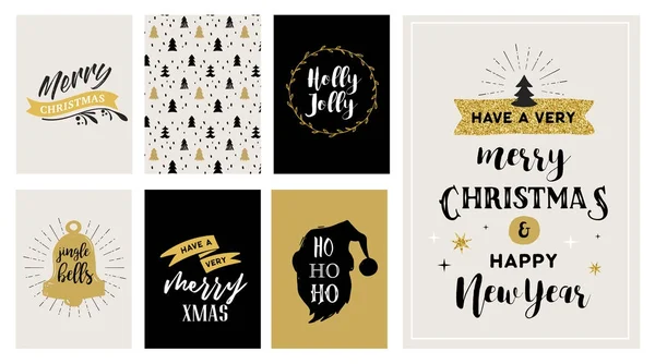 Feliz Natal mão desenhada cartões, ilustrações e ícones, coleção de design de letras — Vetor de Stock
