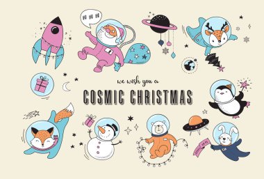 Noel Baba, Penguen, geyik, tilki ve bir uzay gemisi ile kozmik Xmas çizimler 