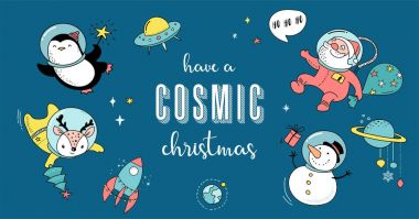 Noel Baba, Penguen, geyik, tilki ve bir uzay gemisi ile kozmik Xmas çizimler 
