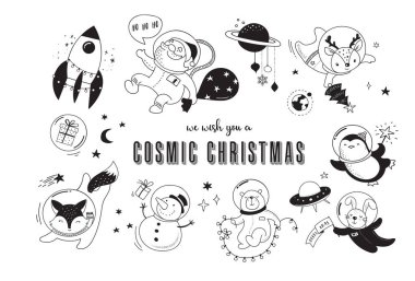 Noel Baba, Penguen, geyik, tilki ve bir uzay gemisi ile kozmik Xmas çizimler 