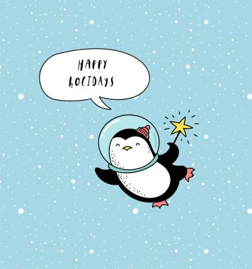 Neşeli kozmik Noel tebrik kartı şablonu ile tedavi penguen 