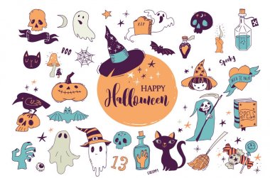 Cadılar Bayramı partisi, elle çizilmiş modern kümesi kartları.