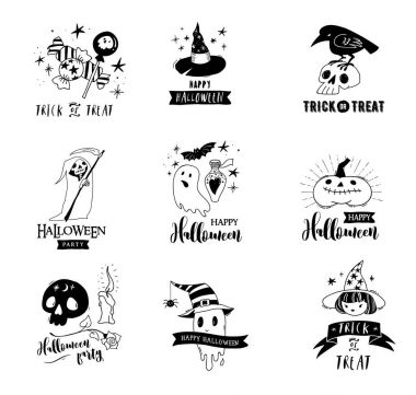 Cadılar Bayramı partisi, elle çizilmiş modern kümesi kartları.