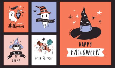 Cadılar Bayramı partisi, elle çizilmiş modern kümesi kartları.