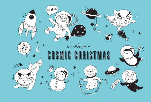 Kosmische Weihnachtsillustrationen mit Weihnachtsmann, Pinguin, Hirsch, Fuchs und einem Raumschiff — Stockvektor