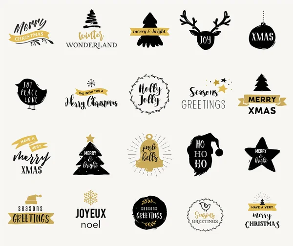 Veselé Vánoce ručně tažené karty, ilustrace a ikony, písma design kolekce — Stockový vektor