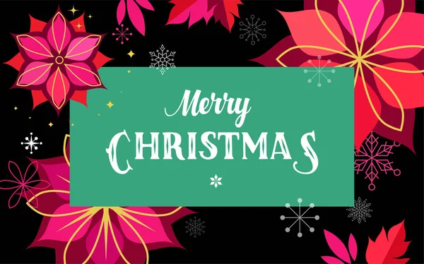 赤いクリスマスの古典的な背景、グリーティング カード、クリスマスの花、装飾レタリングとバナー — ストックベクタ
