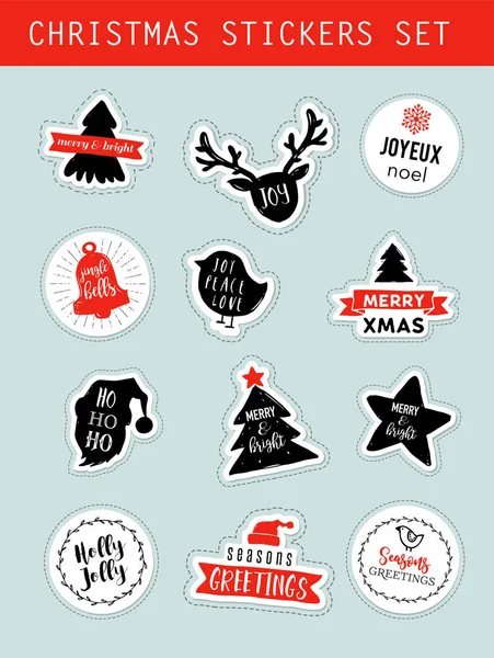 크리스마스 겨울 스티커 설정, 라벨, 태그, 그리고 글자와 패치 — 스톡 벡터
