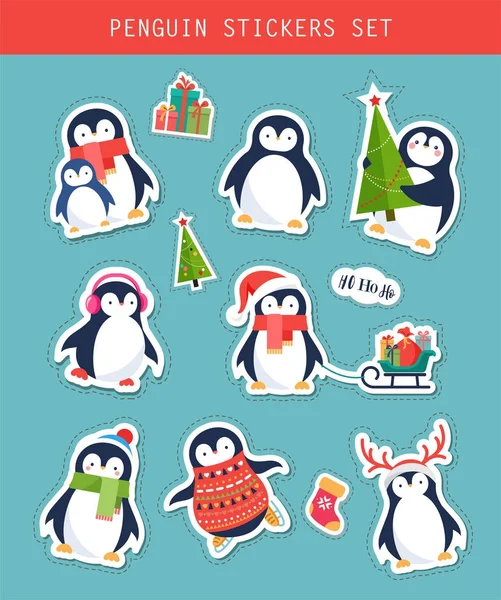 Set de pegatinas de pingüino de Navidad, parches y etiquetas — Vector de stock