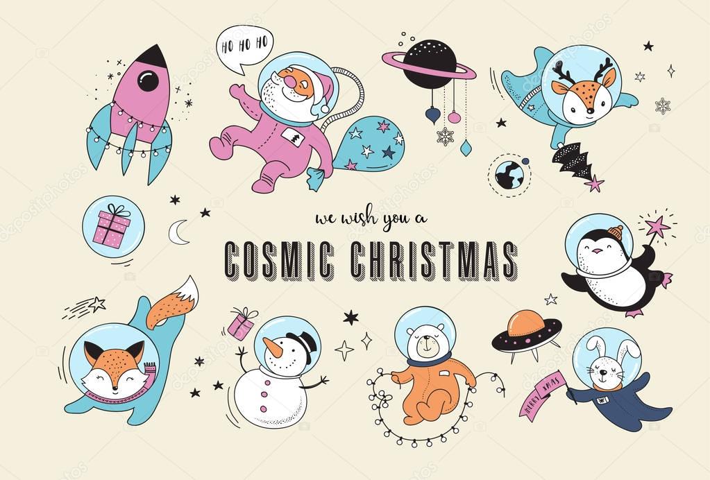 Cosmic Xmas illustrations,  with Santa, Penguin, Deer, Fox and a space ship 