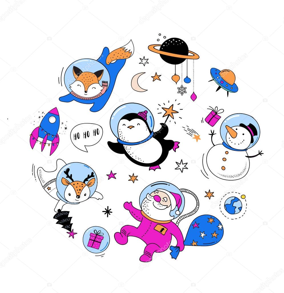 Cosmic Xmas design elements: Santa, Penguin, Deer, Fox and a space ship 