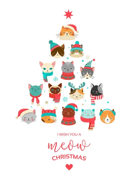 猫の頭を持つかわいいクリスマス ツリー メリー クリスマス グリーティング カード — ストックベクタ