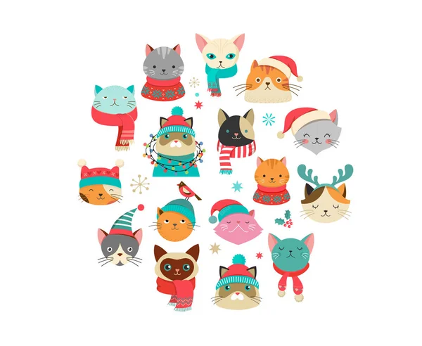 Mesagem de Natal feliz com caracteres de gatos bonitos, coleção de vetor —  Vetores de Stock