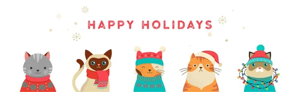 Feliz Navidad tarjeta de felicitación y pancarta con personajes lindos gatos, colección de vectores — Archivo Imágenes Vectoriales