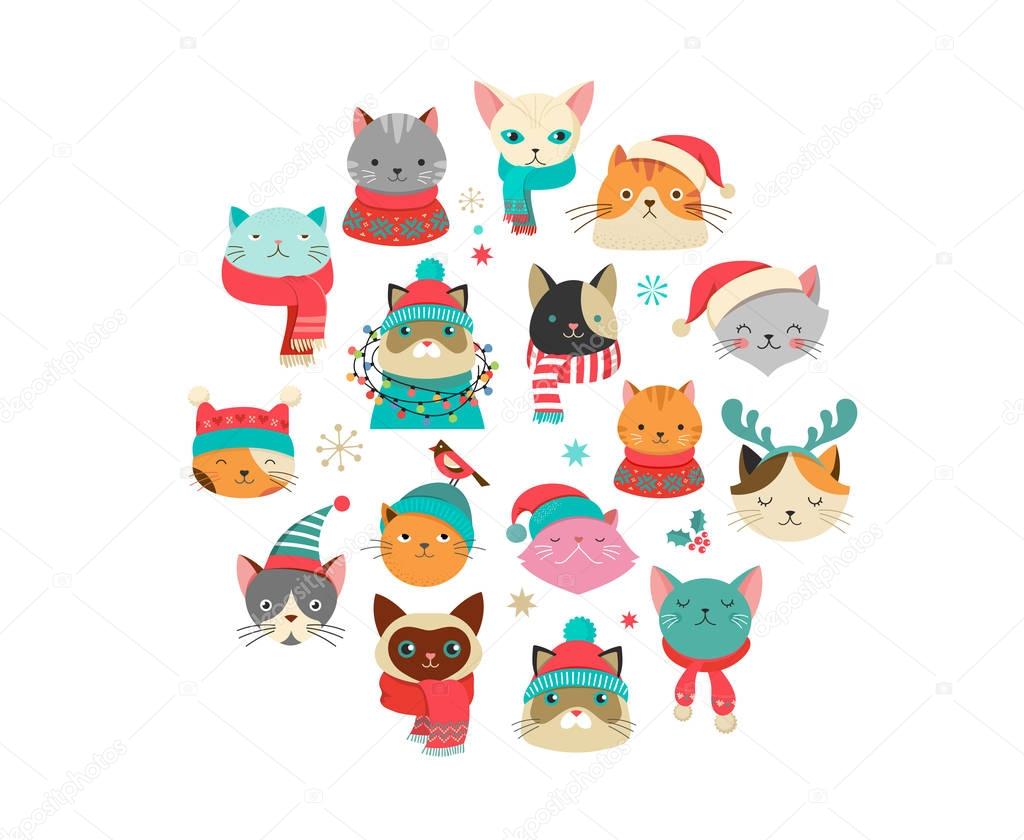 Merry Christmas greetings with cute cats characters, vector collection 
