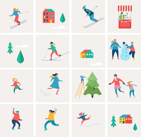 Зимняя спортивная сцена, Рождественский фестиваль и ярмарка, семьи с детьми веселятся — стоковый вектор