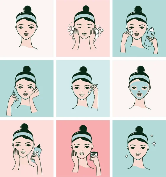 Rotinas de cuidados com a pele, rosto de mulher com um banner diferente de procedimentos faciais — Vetor de Stock