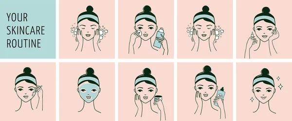 Routine di cura della pelle, viso donna con un diverso banner procedure facciali — Vettoriale Stock